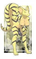 1futa 3_toes 5_fingers anthro breasts dickgirl futanari iabelle intersex nipples penis reptile scalie snake solo stripes toes