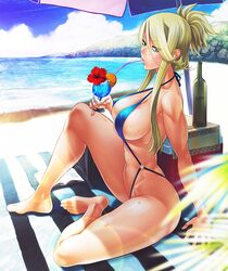 arm_support bangs bare_legs barefoot beach blonde_hair blue_eyes blue_sky blue_swimsuit blurry breasts cleavage cloud criss-cross_halter curvy depth_of_field drink drinking_straw erect_nipples eyes_visible_through_hair feet female folded_ponytail from_side full_body full_moon hair_between_eyes halterneck highres hip_bones large_breasts lens_flare lilith-soft long_hair looking_at_viewer moon naughty_face navel night nipples o-ring o-ring_swimsuit ocean orange_slice outdoors perky_breasts ponytail shiny_skin sidelocks sitting sky sling_bikini solo sweat swimsuit taimanin_(series) taimanin_asagi taimanin_asagi_battle_arena tied_hair toes touko_von_messerschmitt water zol