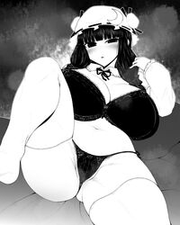 blush bra curvy ginku_mh huge_breasts lying monochrome panties patchouli_knowledge slightly_chubby stockings thick_thighs touhou