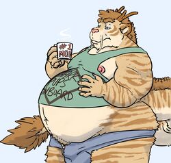 beverage bulge clothing dragon feline horn hybrid male male_pregnancy mammal mel_(character) pregnant shirt shorts simple_background standing tail_tuft thenamesmel thick_tail tiger tuft