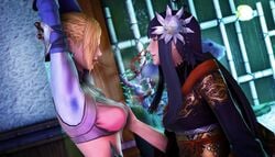 black_hair blonde_hair blue_eyes bondage femdom final_fantasy final_fantasy_xiv hyur initial_a kimono lesbian midlander minfilia mmorpg saliva_string source_filmmaker yotsuyu_(final_fantasy_xiv) yuri