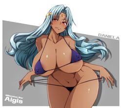 1girls aqua_hair bangs bikini blush cleavage clothed_female covered_nipples curvy daniella_(sennen_sensou_aigis) dark-skinned_female dark_skin eyebrows_visible_through_hair female female_only grey_background hair_ornament highres huge_breasts long_hair looking_at_viewer navel nipple_bulge out_of_frame panty_pull red_eyes runaru sennen_sensou_aigis shiny shiny_hair shiny_skin simple_background solo standing tongue tongue_out wide_hips