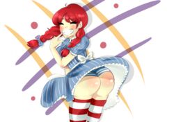 1girls ass blush bow burger cheeky clothing dress dress_lift female_only freckles grin panties pinstripe_pattern red_hair smug stockings striped_legwear striped_panties thiccster wendy's wendy_thomas