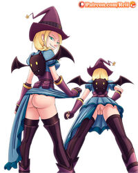 ass blonde_hair clothing dungeon_defenders female gun_witch_(dungeon_defenders) long_hair looking_at_viewer looking_back perspective pussy reit skirt skirt_lift thighhighs twin_braids twintails