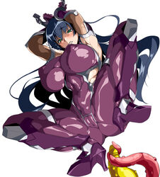 1girls ass black_hair blush bodysuit bound bound_arms breasts chains clenched_teeth covered_navel covered_nipples eyebrows_visible_through_hair female female_only fishnets gloves green_eyes high_heels highres igawa_asagi imminent_sex impossible_bodysuit impossible_clothes long_hair looking_down monster ninja potion_(moudamepo) restrained shiny shiny_clothes shiny_hair solo spread_legs taimanin_(series) taimanin_asagi teeth tentacle white_background