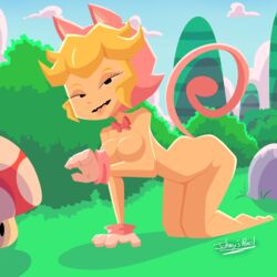 blonde_hair bowtie cat_peach gloves johnnyspencil mario_(series) nintendo no_nipples nude on_all_fours princess_peach super_mario_3d_world super_mushroom tail tongue_out