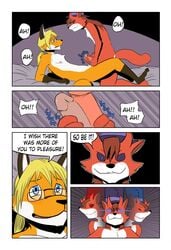 anthro arousal balls bed blush canine clone clothed clothing comic dialogue duo english_text erection eyewear fox frottage furry furry_only glasses hair hat horn humanoid_penis jan lomas magic male mammal no_humans nude penis sex text tolok top_hat yaoi