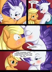 2017 applejack_(mlp) blush comic dialogue duo english_text equine female friendship_is_magic hair hair_on_head half-closed_eyes hi_res horn kissing mammal my_little_pony rarijack rarity_(mlp) suirano text tongue tongue_out unicorn yuri