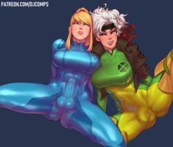 2futas absurdres anna_marie balls_in_bodysuit biting_lip black_gloves blonde_futa blonde_hair blue_eyes bodysuit bulge edit erection_under_clothes fizzz futa_only futa_sans_pussy futanari gloves highres intersex latex latex_bodysuit latex_breasts latex_futa latex_gloves latex_stockings latex_suit latex_thigh_highs latex_thighhighs marvel metroid nintendo penis_in_bodysuit rogue_(x-men) samus_aran x-men zero_suit zero_suit_samus