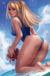 1girls ass baby_(metroid) blonde_hair breasts cleavage feet female female_only looking_at_viewer looking_back metroid metroid_(creature) nintendo olchas one-piece_swimsuit samus_aran solo swimsuit