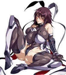 1girls absurdres ass bangs black_leotard blush breasts cameltoe covered_navel covered_nipples deep_skin elbow_gloves female female_only full_body gloves hair_ribbon high_heels highres huge_breasts leotard long_hair looking_at_viewer milf mizuki_shiranui mother parted_lips potion_(moudamepo) red_eyes ribbon shiny shiny_clothes shiny_hair sitting skin_tight smile solo spread_legs succubus taimanin_(series) taimanin_yukikaze teeth thighhighs white_background