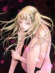 1girls blonde_hair claymore covering dietrich_(claymore) female fringe_hair lips lipstick long_hair looking_at_viewer nude official_art platinum_blonde_hair silver_eyes twintails