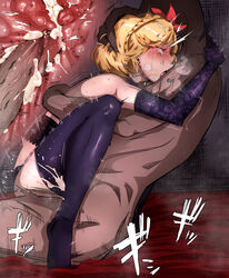 1boy 1girls arms_around_neck azur_lane black_corset black_panties blonde_hair blush braid choker clothed_female_nude_male cross_section crown_braid cum cum_in_pussy cum_in_uterus cum_inside dark-skinned_male dark_skin elbow_gloves eyebrows_visible_through_hair female floral_print flower gloves hair_flower hair_ornament head_hug highres hug internal_cumshot interracial male nose_blush nude open_mouth orgasm overflow panties penetration penis prince_of_wales_(azur_lane) purple_choker purple_gloves purple_legwear red_eyes sex short_hair size_difference snot_trail spread_legs straddling straight tears text thighhighs trembling uncensored underwear upright_straddle uterus vaginal_penetration val_(escc4347) veins veiny_penis