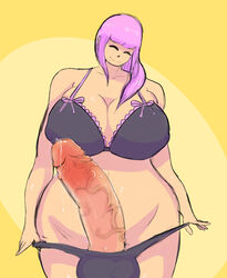 1futa big_breasts big_penis erection futa_only futanari hair_over_shoulder huge_breasts huge_cock hyper hyper_penis intersex kaymeyers penis penis_out pink_hair precum simple_background smile solo tagme testicles underwear veiny_penis