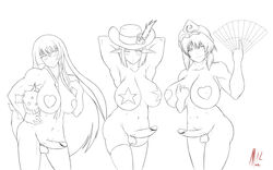 3girls arms_up balls beckoning blush bracelet breasts elf fan flower futanari hat heart huge_breasts intersex kampfer large_breasts looking_at_viewer monochrome morbo22 muscles muscular_futanari original pasties penis pointy_ears sangou_shizuku short_hair smile smug star stuffed_toy thighhighs tie touhou tsubaki_(kessiak) very_long_hair wink yuyuko_saigyouji