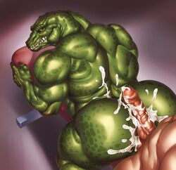 2018 after_sex anal anal_sex anthro anus ass back_muscles balls big_muscles big_penis big_sub buttjob claws crocodile crocodilian cum cum_in_ass dc dc_comics fangs gay green_scales green_skin human human_on_anthro interspecies killer_croc looking_at_viewer looking_back looking_pleasured lytta_the_bug male male_only mammal muscles muscular muscular_male outercourse penetration penis red_eyes reptile scalie sex veiny_penis white_male yaoi