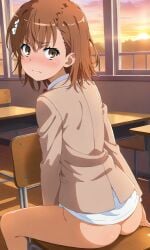 1girls 2020s 2025 ai_generated ass ass_focus bare_ass bare_legs blush bottomless bowtie brown_eyes brown_hair brown_jacket chair classroom embarrassed embarrassed_nude_female eyelashes female flower from_behind hair hair_flower hair_ornament half-dressed hi_res indoors jacket looking_at_viewer looking_back matching_hair/eyes misaka_mikoto no_panties nude nude_female red_bowtie school school_desk school_uniform schoolgirl short_hair sitting sitting_on_chair solo student sunlight sunrise sweatdrop teenage_ass teenage_girl teenager to_aru_kagaku_no_railgun to_aru_majutsu_no_index tokiwadai_school_uniform window winter_uniform young young_female