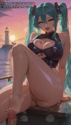 1boy 1girls ai_generated alternate_breast_size aqua_eyes aqua_hair arm_support artist_name ass bare_shoulders barefoot black_one-piece_swimsuit blush bottomless breasts censored cleavage cleavage_cutout clothing_cutout cloud dusk erection eyeshadow feet foot_out_of_frame footjob gradient_sky hair_between_eyes hatsune_miku highleg highleg_swimsuit knee_up large_breasts legs lighthouse long_hair looking_at_viewer makeup mosaic_censoring nail_polish naughty_face one-piece_swimsuit open_mouth orange_sky outdoors patreon_logo patreon_username penis purple_nails pussy pussy_juice shiny_skin sitting sky smile solo_focus straight sunset swimsuit tattoo teeth thick_thighs thighs toenail_polish toenails toes tongue tongue_out totalsaki twintails twitter_logo uncensored underboob underboob_cutout upper_teeth_only very_long_hair vocaloid water wet