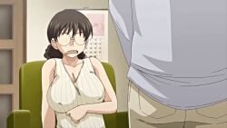 1boy 1girls 2020 20s age_difference animated breasts curly_hair female glasses hitozuma_mitsu_to_niku housewife implied_masturbation large_breasts male mature_female nipple_stimulation_through_clothes no_eyes obasan_(hitozuma_mitsu_to_niku) older_female_and_younger_male open_mouth ponytail queen_bee_(animation_studio) surprised tagme vest yukio_(hitozuma_mitsu_to_niku)