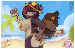 anthro ass beach beach_ball big_breasts big_butt bikini breasts brown_body brown_fur clothed clothing daniela_(dannycris121) dannycris121 detailed_background digital_media_(artwork) female fur genitals guardians_of_the_galaxy hair hi_res looking_at_viewer male male/female mammal marvel procyonid purple_body purple_fur raccoon rocket_raccoon sand sky smile solo swimwear tail thick_thighs two-piece_swimsuit water