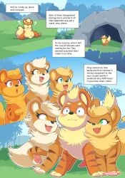 animal_genitalia animal_penis balls blush bodily_fluids canine_genitalia canine_penis cave cute_fangs detailed_background dialogue erection eyelashes fangs female feral flaccid generation_1_pokemon genitals green_eyes group growlithe gunther_(mating_season) hi_res male nikkibunn nintendo one_eye_closed open_mouth open_smile penis penis_tip pokemon pokemon_(species) quadruped question_mark sheath smile sweat teeth text tongue wavy_mouth