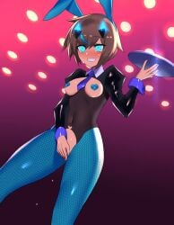animal_ears blue_eyes blue_pantyhose blush breasts brown_hair crotchless crotchless_leotard crotchless_pantyhose fake_animal_ears female heart_pasties highres holding holding_tray leotard original pantyhose pasties playboy_bunny pussy rabbit_ears short_hair small_breasts solo tray ukimukai