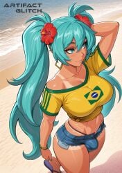 abs ai_generated artifactglitch beach big_breasts blue_eyes blue_hair blush brazilian brazilian_miku bulge bulge_through_clothing earrings fit flowers_in_hair futanari hand_on_head hatsune_miku long_hair makeup raised_eyebrows sexy sexy_pose shirt shorts smile tan_body tanline thick_thighs twintails vocaloid watermark