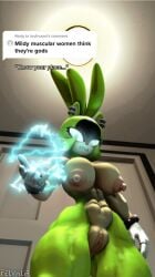 animal_ears breasts electricity english_text female glowing joints nipples pussy rabbit_ears robot_joints solo