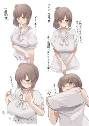 blush breast_expansion breasts brown_eyes brown_hair cevio comic d: dress embarrassed female female_masturbation frilled_dress frills grabbing_own_breast half_updo highres japanese_text kakurega large_breasts masturbation medium_breasts medium_hair open_mouth satou_sasara sequential short_sleeves sidelocks simple_background sound_effects sweatdrop translation_request upper_body v-neck voiceroid wavy_mouth white_background white_dress