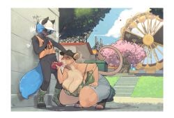 absurd_res amusement_ride animal_genitalia animal_penis anthro balls big_breasts black_body black_fur blue_hair blue_tail bodily_fluids breasts canid canine canine_genitalia canine_penis closed_eyes clothing crouching cum cum_in_mouth cum_inside cumbread detailed_background duo felid fellatio female female_penetrated ferris_wheel fluffy fluffy_tail footwear fur furgonomic_hat furgonomic_headwear furgonomics genital_fluids genitals hair hand_on_head hi_res huge_breasts knot larger_female larger_penetrated lion male male/female male_penetrating male_penetrating_female mammal mature_female nipple_slip oral outside pantherine penetration penile penis public public_sex sex shirt shoes size_difference smaller_male tail tail_tuft tan_body tan_fur text text_on_clothing text_on_shirt text_on_topwear thick_thighs toeless_footwear toeless_shoes topwear tuft