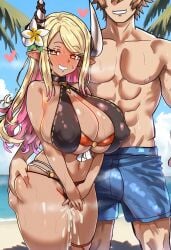 after_sex ai_generated bikini blonde_hair breasts cum_drip cum_in_pussy dark_skin erection_under_clothes female grabbing_another's_ass gran_(granblue_fantasy) granblue_fantasy interracial kumbhira_(granblue_fantasy) large_breasts pussy smiling sweeetdonnut