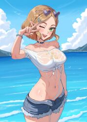 1girls absurdres bare_shoulders beach blonde_hair blush braid breasts choker collarbone cropped_shirt crown_braid denim denim_shorts earrings emmettart eyewear_on_head female green_eyes hair_ornament hairclip heart heart-shaped_eyewear highres jewelry large_breasts looking_at_viewer midriff navel nintendo ocean one_eye_closed open_mouth outdoors pointy_ears princess_zelda shirt short_hair short_sleeves shorts sidelocks smile solo stomach sunglasses teeth the_legend_of_zelda the_legend_of_zelda:_tears_of_the_kingdom tied_shirt tinted_eyewear upper_teeth_only water wet wet_clothes wet_shirt white_shirt zelda_(tears_of_the_kingdom)