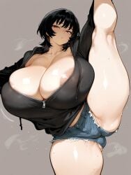 ai_generated areolae_visible_through_clothing bare_thighs black_hair breasts coat female gigantic_breasts huge_areolae huge_breasts huge_thighs light-skinned_female light_skin looking_at_viewer massive_breasts mature_female oatmealdood oiled_body oiled_skin original red_eyes short_hair short_shorts solo_female squatting stretching sweat sweatdrop thick_body thick_female thick_thighs thighhighs thighs tomboy voluptuous voluptuous_female