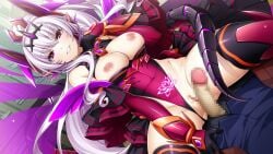 1boy abystia_dragoon black_gloves black_tiara breasts breasts_out bright_pupils censored clothing_aside corruption covered_navel dark_persona detached_sleeves dutch_angle elbow_gloves energy_wings female floating_hair game_cg gloves glowing glowing_tattoo grin hair_between_eyes headgear highleg highleg_leotard horns imminent_penetration imminent_vaginal inoino kouyoku_senki_exs-tia large_breasts large_variant_set leotard leotard_aside long_hair looking_at_viewer mosaic_censoring nipples non-web_source official_art penis pointy_ears pubic_tattoo pubic_tattoo_through_clothing purple_wings pussy red_eyes red_leotard rieszverne_suzette_paladill slit_pupils smile solo_focus straight tail tattoo thighhighs tiara variant_set very_long_hair white_hair white_pupils wings