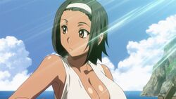 1girls animated bare_shoulders black_hair blue_sky boat bouncing_breasts breasts brown_eyes cleavage closed_eyes clouds dark-skinned_female dark_skin female hair_band hairband hazel_eyes hoods_entertainment kaneko_hiraku large_breasts lens_flare manyuu_hikenchou navel ocean oiso screencap short_hair sitting sky smile solo sunlight tan tanned_skin tied_shirt water