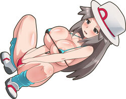 1girls awa bad_censor bikini blush breasts brown_hair censored covered_nipples covering covering_crotch curvy erect_nipples female groin hair_bun half-closed_eyes hand_in_own_panties hand_in_panties hands_in_panties human human_only large_breasts leaf_(pokemon) nintendo nipples nude pokemon pokemon_frlg puffy_nipples seductive_smile simple_background smile solo source_request topless undressing white_background