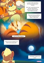 ass blue_eyes bodily_fluids closed_smile detailed_background dialogue female feral fur generation_1_pokemon growlithe gunther_(mating_season) hi_res lying male moon mouth_closed nikkibunn nintendo on_back on_ground orange_body orange_fur pawpads pokemon pokemon_(species) quadruped smile sweat tail tan_tail text tongue tongue_out