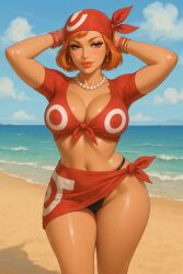 aged_up ai_generated arms_behind_head bandana bangle beach female knotted_shirt may_(pokemon) nintendo ocean pearl_necklace pokemon pokemon_rse rgomez007 sarong skindentation stable_diffusion swimsuit thick_thighs