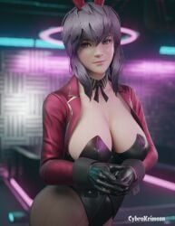 1girls 3d black_leotard breasts cleavage cybrokrimson detached_collar ghost_in_the_shell kusanagi_motoko playboy_bunny purple_eyes purple_hair sfm source_filmmaker strapless_leotard