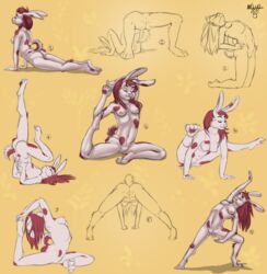 2018 absurd_res ass breasts closed_eyes exercise female fur hair hi_res lagomorph mammal mushbun navel nipples nude pussy rabbit rear_view red_hair sketch white_fur yoga