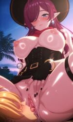 aether_(genshin_impact) ai_generated areola areolae bangs bangs_over_one_eye belt big_breasts black_nails blue_eyes blush braided_hair braids breasts breasts_out chasca_(genshin_impact) clitoris corset cowgirl cunnilingus fingerless_gloves fingers genshin_impact gradient_hair hat hoyoverse illyfurina long_hair looking_at_another looking_at_partner looking_down nail_polish nipples oral oral_sex pixai pointy_ears puffy_areola puffy_nipples pussy pussy_juice pussy_juice_drip pussy_lips pussy_peek red_hair scarf seducing seduction seductive seductive_body seductive_eyes seductive_gaze seductive_look seductive_mouth seductive_pose seductive_smile shy sitting smile smiling spread_legs stable_diffusion thighs vulva waist