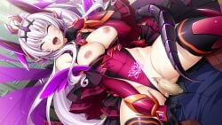 1boy abystia_dragoon black_tiara blush breasts breasts_out bright_pupils censored closed_eyes clothing_aside corruption covered_navel cowgirl_position dark_persona detached_sleeves dutch_angle energy_wings female game_cg gloves glowing glowing_tattoo headgear highleg highleg_leotard horns inoino kouyoku_senki_exs-tia large_breasts large_variant_set leotard leotard_aside long_hair mosaic_censoring nipples non-web_source official_art open_mouth penis pointy_ears ponytail pubic_tattoo pubic_tattoo_through_clothing purple_wings pussy red_leotard rieszverne_suzette_paladill sex slit_pupils smile solo_focus straight tail tattoo thighhighs tiara vaginal_penetration variant_set very_long_hair white_hair white_pupils wings