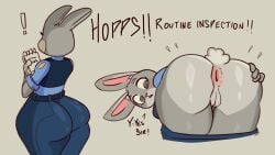 anthro anus ass bent_over big_butt bottomwear bottomwear_down butt_grab clothed clothing disney english_text female fur genitals grey_body grey_fur hand_on_butt hangedc hi_res huge_butt judy_hopps lagomorph leporid mammal pants pants_down partially_clothed police police_officer rabbit rear_view solo text thick_thighs vulva wide_hips zootopia