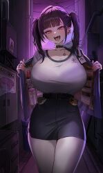 :d absurdres airpods alley black_choker blue_jacket blue_skirt bra_visible_through_clothes breasts buta_dong choker condom condom_box condom_wrapper doro_(nikke) earrings female goddess_of_victory:_nikke highres huge_breasts id_card jacket jewelry lotion_bottle mole mole_under_eye open_clothes open_jacket open_mouth pantyhose pencil_skirt poster_(object) red_eyes shirt single_earring skirt smile solo sora_(nikke) white_pantyhose white_shirt wireless_earphones