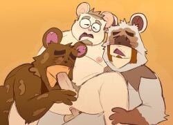 2025 anal anthro anukkyt balls bodily_fluids clothing code_k drooling erection eyewear genitals glasses group hi_res male male/male mammal moobs mouse murid murine nipples onesie overweight overweight_male penis rodent saliva sex simple_background xxl_woofia
