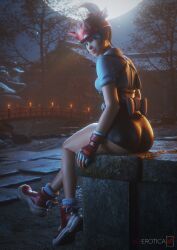 1girls 2025 3d 3d_(artwork) asian asian_female ass big_ass blender blizzard_entertainment bubble_ass bubble_butt clothed clothing detailed_background dolphin_shorts face_markings facial_markings female female_focus female_only headband headwear hi_res highres japanese japanese_female kiriko_(overwatch) kiriko_kamori looking_at_viewer looking_back overwatch pose posing shorts showing_off sitting sunlight sunset thick_ass thick_thighs vgerotica watermark