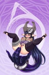 bandaged_leg bandages bare_shoulders blue_hair blush bottomless breasts breasts_out clothes_pull cosplay covered_nipples crown female fishnet_top fishnets floating giant_hand hair_over_breasts helmet highres hood hooded_jacket hyuuga_hinata jacket large_breasts legs_up long_hair masturbation midna midna_(cosplay) multicolored_jacket naruto_(series) naruto_shippuuden nipples no_shoes open_mouth pointy_ears pururart pussy sidelocks spread_legs the_legend_of_zelda the_legend_of_zelda:_twilight_princess thighhighs two-tone_jacket very_long_hair white_eyes wristband