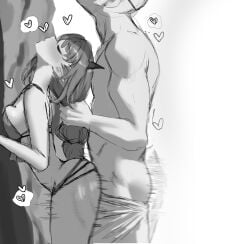 1boy bikini blush braid closed_eyes female from_side grabbing_another's_hair greyscale heart holding_another's_hair hololive hololive_english irys_(hololive) long_hair male monochrome pointy_ears redi_(rasec_asdjh) sex simple_background straight swimsuit virtual_youtuber white_background