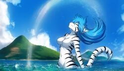 1girls ai_generated alternate_version anthro beach blue_hair breasts chest_tuft closed_eyes deviantart ear featureless_breasts featureless_crotch female furry gender_transformation genderswap genderswap_(mtf) island keidran long_hair medium_breasts moving_hair mtf_transformation naked naked_female no_swimsuit no_swimwear nude nude_female ocean pink_nose rule_63 smile species_transformation splashing splashing_water standing_in_water striped_body striped_fur striped_tail swimming tail tiger tiger_girl tiger_trace tom_fischbach trace_legacy transformation twokinds water wet_body wet_fur wet_hair white_body white_fur