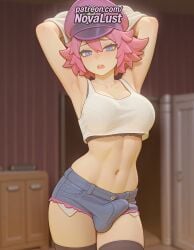 1boy 1futa 2025 ai_generated artist_name balls blurry blush bulge crop_top crossdressing denim denim_shorts final_fight futanari hat hi_res high_quality high_resolution highres intersex male male_focus navel novalust open_mouth otoko_no_ko patreon patreon_username pink_hair poison_(final_fight) shorts solo stable_diffusion tank_top testicles thighhighs watermark